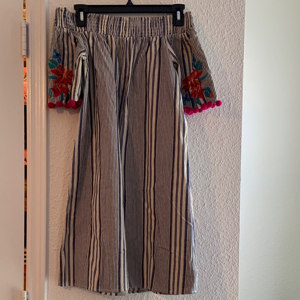 THML size S Striped Skirt with Floral Embroidery and Pom Poms - Picture 2 of 7